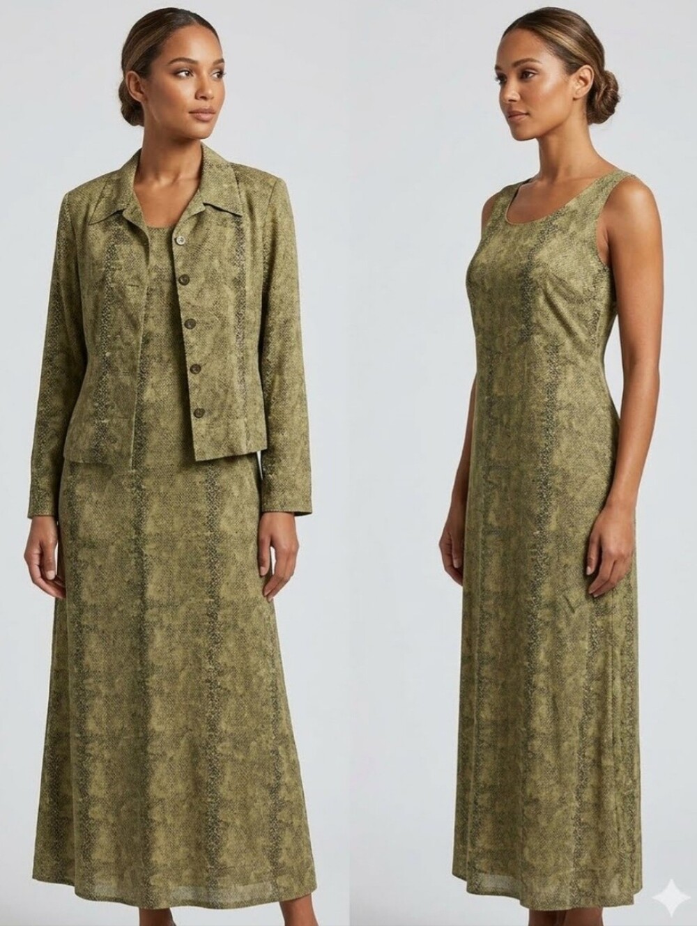 Vintage Karin Stevens 2 PC Long Animal Print  Sleevless Dress and Jacket Size 6